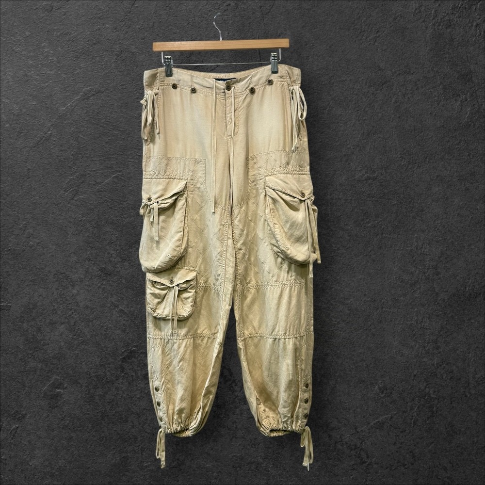 Ralph Lauren Women Beige Linen Silk Quilted Cargo Pants Tapered Size 4